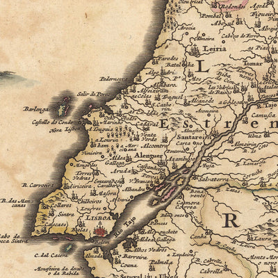 Ancienne carte des royaumes du Portugal et de l'Algarve par Visscher, 1690 : Lisbonne, Porto, Séville, Salamanque, Serra da Estrela