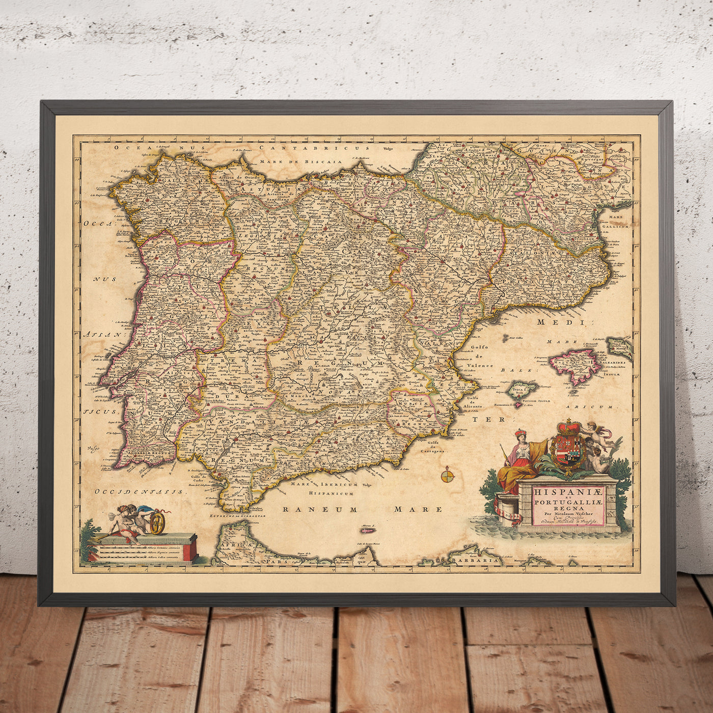 Antiguo mapa de los reinos de España y Portugal de Visscher, 1690: Madrid, Lisboa, Barcelona, Gibraltar, Oporto