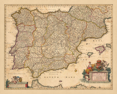 Ancienne carte des royaumes d'Espagne et du Portugal par Visscher, 1690 : Madrid, Lisbonne, Barcelone, Gibraltar, Porto