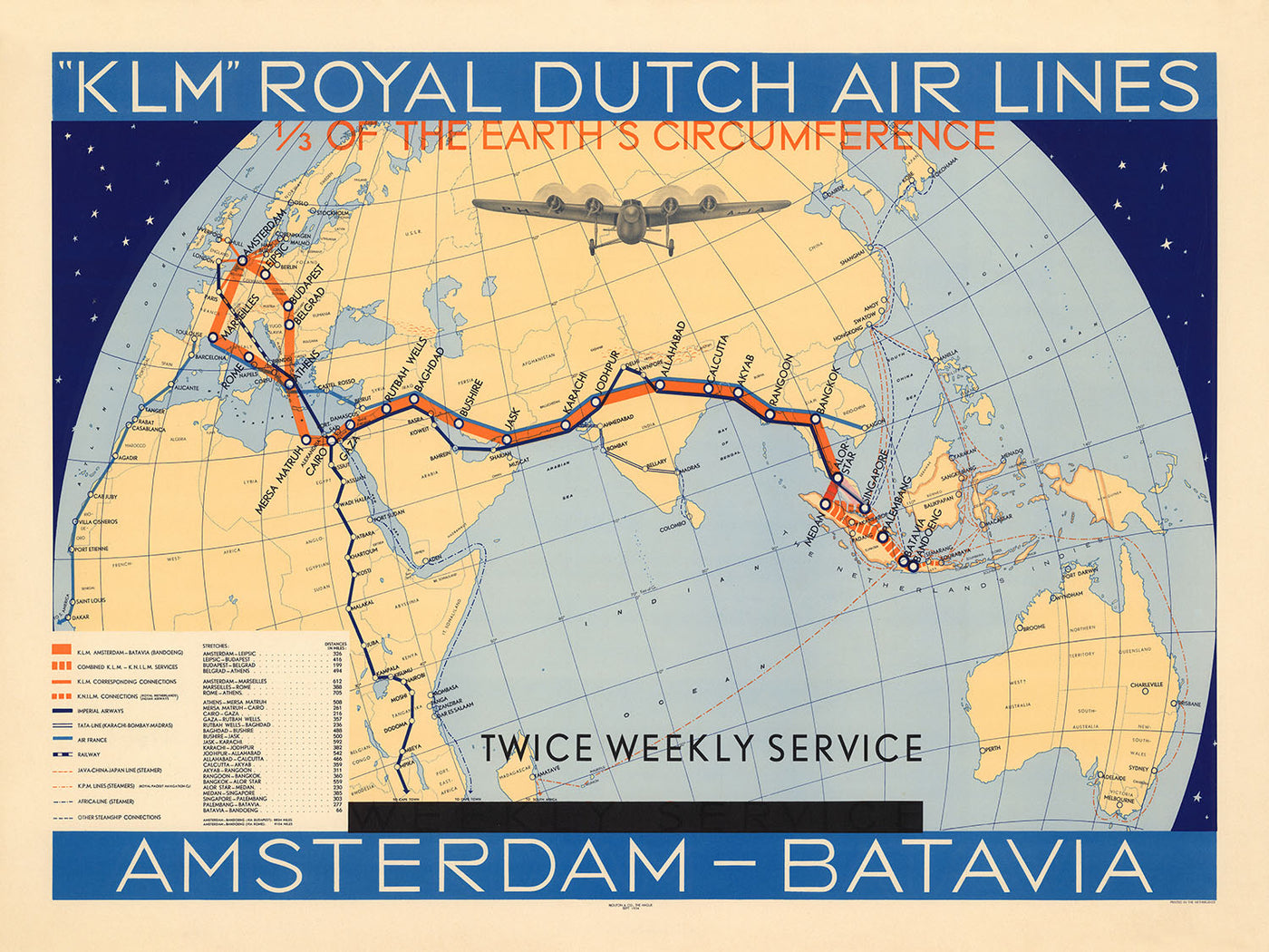 Mapa antiguo de la ruta de KLM de Ámsterdam a Batavia, 1934: rutas aéreas, servicio dos veces por semana, diseño gráfico