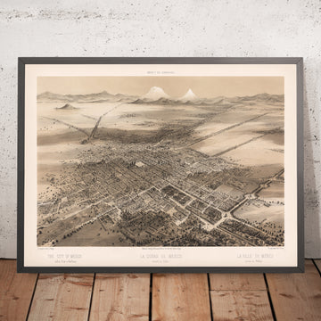 Vecchia mappa Birdseye di Città del Messico di Decaen, 1862: Cattedrale, Tacuba, Parchi, Montagne, Plaza Mayor 