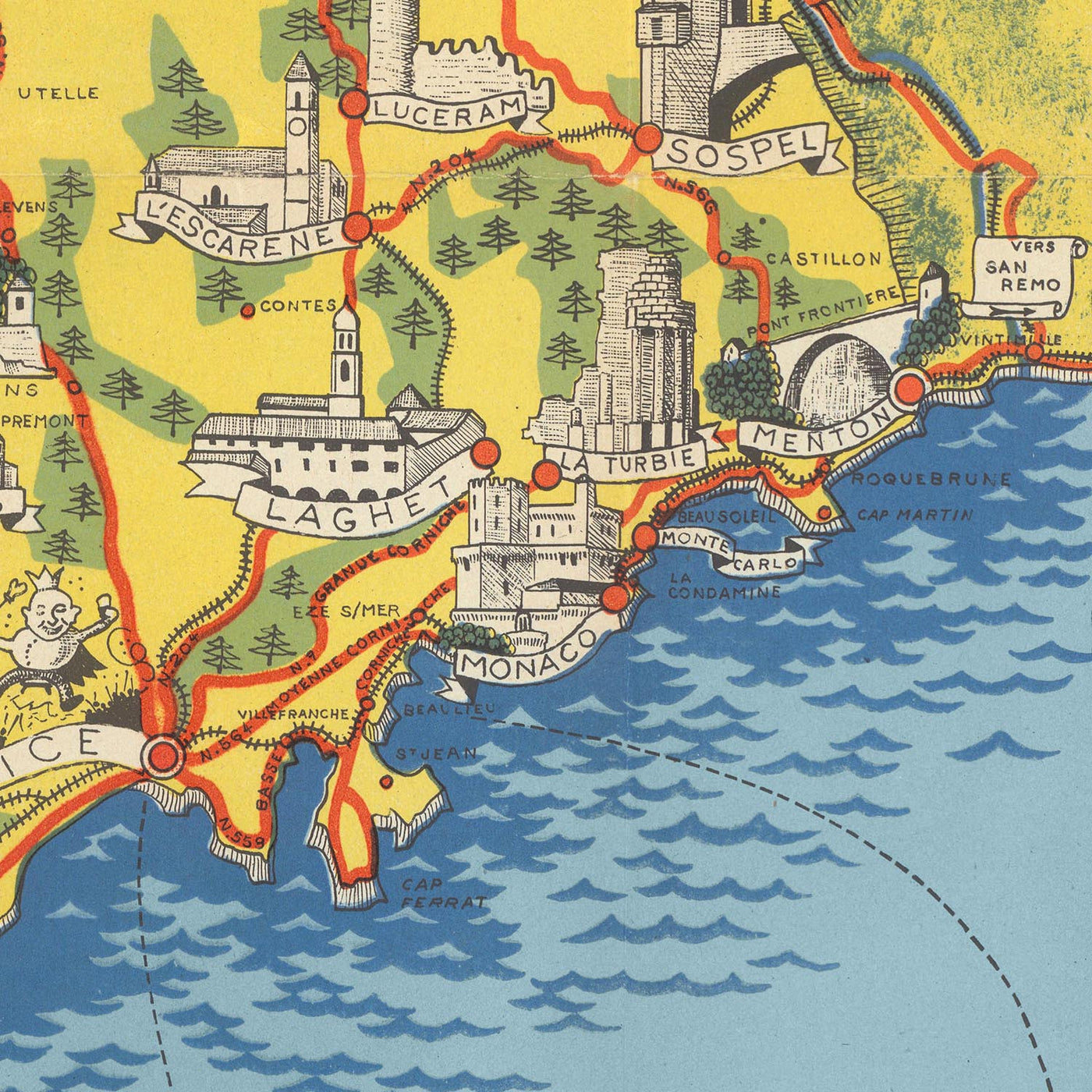 Old Map of Côte d’Azur (French Riviera) by Flornoy Jean, 1950: Nice, Cannes, Monaco, Antibes, Saint-Tropez
