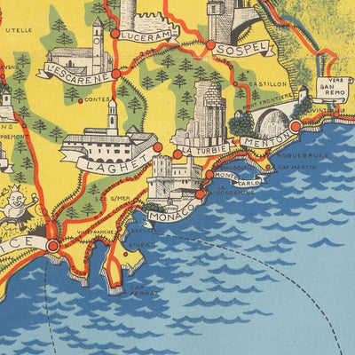 Old Map of Côte d’Azur (French Riviera) by Flornoy Jean, 1950: Nice, Cannes, Monaco, Antibes, Saint-Tropez