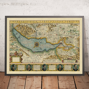 Antica mappa del Lago e del Cantone di Ginevra di Hondius, 1606: Losanna, Le Alpi, Lago di Ginevra, Fiume Rodano 
