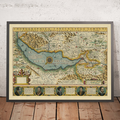Mapa antiguo del lago y cantón de Ginebra por Hondius, 1606: Ginebra, Lausana, los Alpes, el lago de Ginebra, el río Ródano