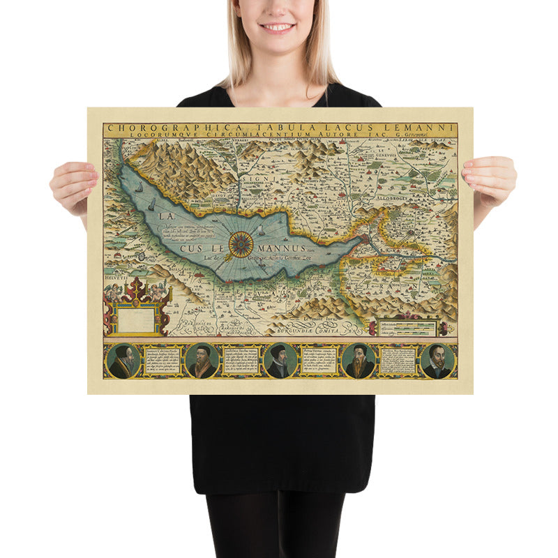 Mapa antiguo del lago y cantón de Ginebra por Hondius, 1606: Ginebra, Lausana, los Alpes, el lago de Ginebra, el río Ródano