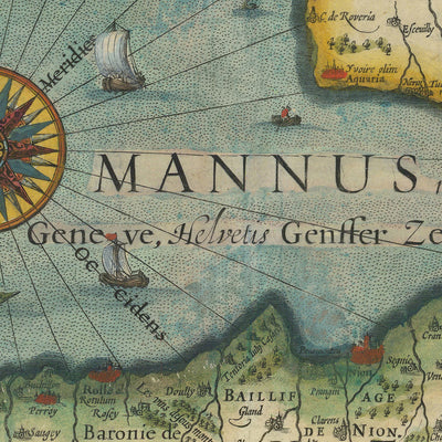 Alte Karte des Genfersees und des Kantons Genf von Hondius, 1606: Genf, Lausanne, Die Alpen, Genfersee, Rhone