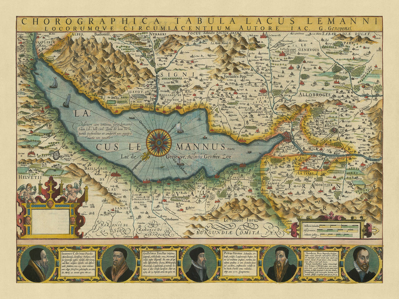 Old Map of Lake and Canton of Geneva by Hondius, 1606: Lausanne, The Alps, Lake Geneva, Rhone River