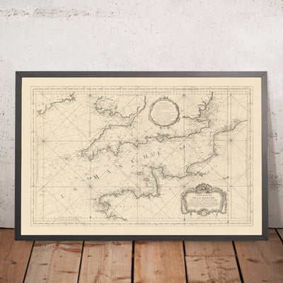 Antiguo mapa naval del Canal de la Mancha por Bellin, 1763: Canal de la Mancha, Londres, París, Isla de Wight, Faro de Eddystone
