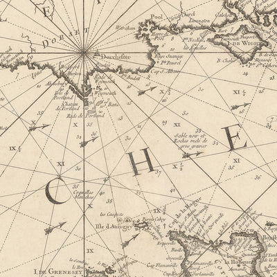 Old Naval Map of La Manche (English Channel) by Bellin, 1763: South Coast of England, Northern France, Isle of Wight, Channel Isles