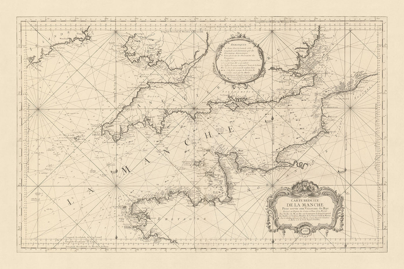 Old Naval Map of La Manche (English Channel) by Bellin, 1763: South Coast of England, Northern France, Isle of Wight, Channel Isles