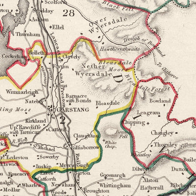 Antigua mapa de Lancashire por Samuel Lewis, 1844: Manchester, Liverpool, Preston, Blackburn y Oldham 