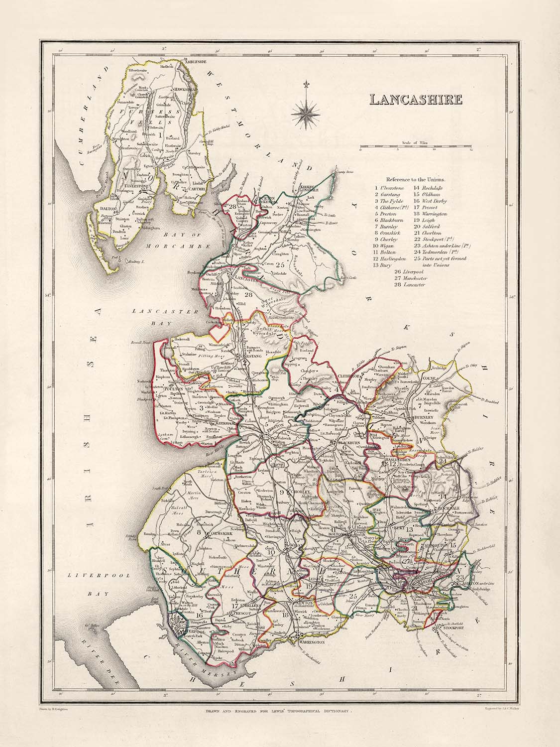 Antigua mapa de Lancashire por Samuel Lewis, 1844: Manchester, Liverpool, Preston, Blackburn y Oldham 