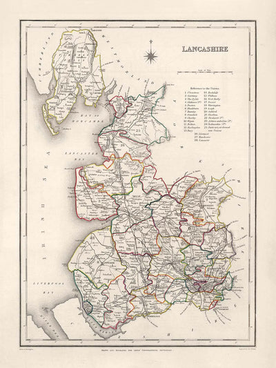 Antigua mapa de Lancashire por Samuel Lewis, 1844: Manchester, Liverpool, Preston, Blackburn y Oldham 