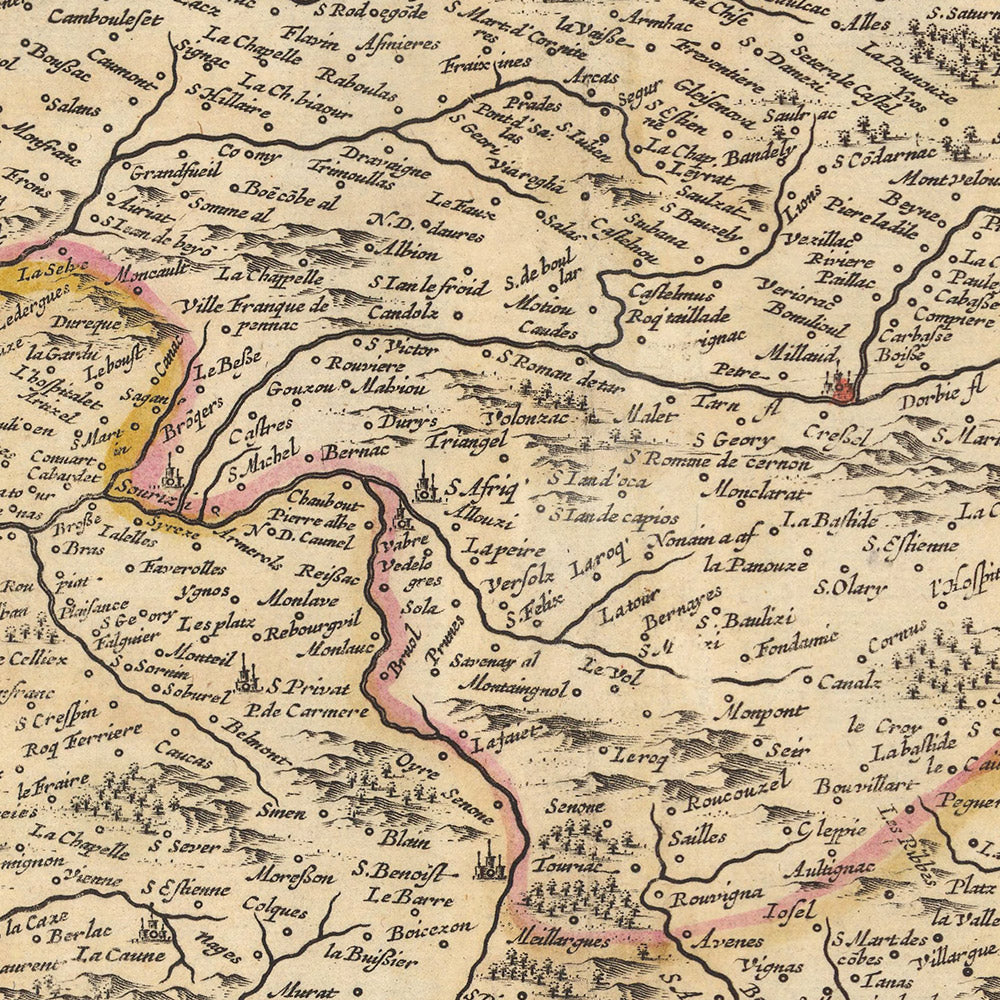 Old Map of Languedoc, France by Visscher, 1690: Toulouse, Montpelier, Perpignan, Avignon, Cévennes National Park