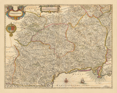 Carte ancienne du Languedoc par Visscher, 1690 : Toulouse, Montpellier, Perpignan, Avignon, Parc national des Cévennes