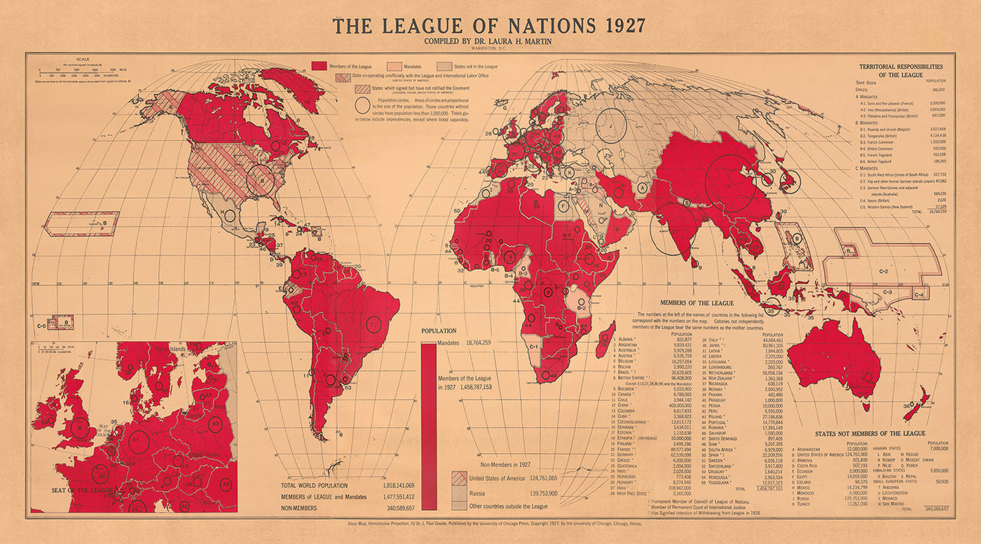 Mapa del Viejo Mundo La Liga de las Naciones por Martin, 1927: Proyección homolosina, política global, diseño detallado