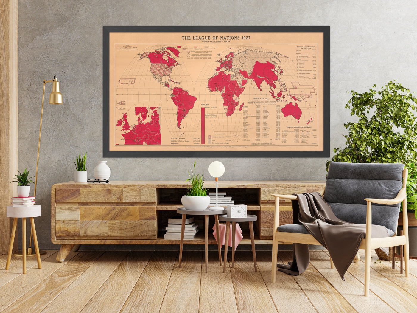 Carte du vieux monde La Société des Nations par Martin, 1927 : projection homolosine, politique mondiale, conception détaillée