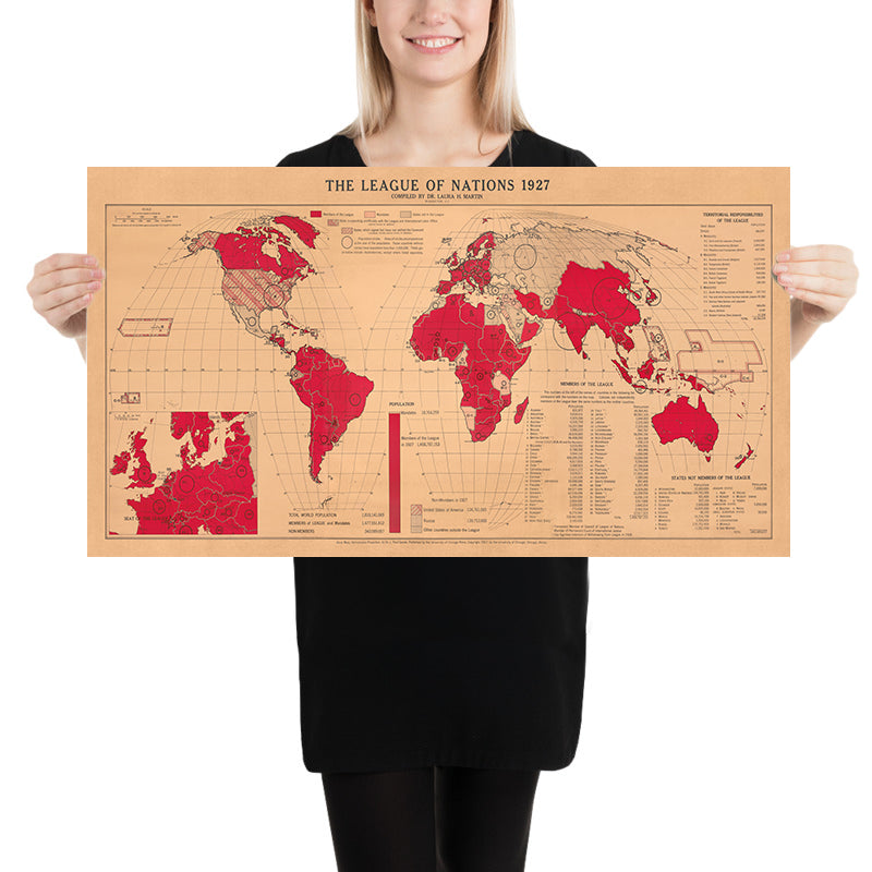 Antigua Mapa Mundial de la Liga de Naciones por Martin, 1927: Proyección Homolosina de Goode, Política Global 