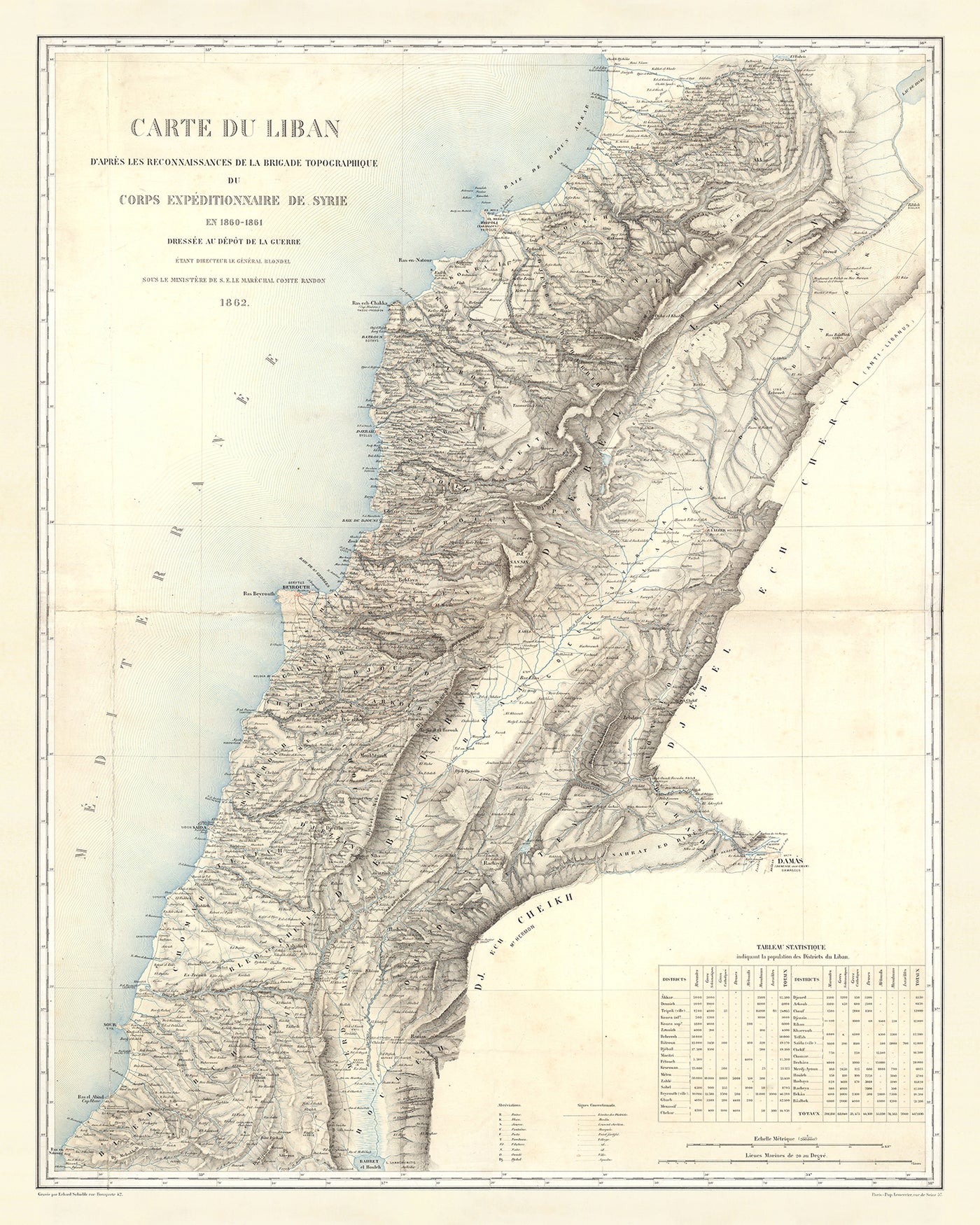 Ancienne carte du Liban par Dépôt De La Guerre, 1862 : Beyrouth, Tripoli, Sidon, Tyr, Byblos
