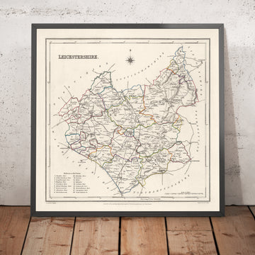 Mappa antica del Leicestershire di Samuel Lewis, 1844: Leicester, Melton Mowbray, Loughborough, Hinckley, Ashby-de-la-Zouch 