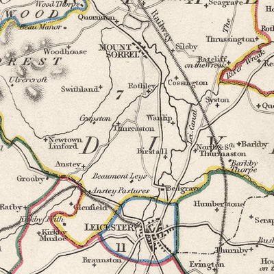 Old Map of Leicestershire by Samuel Lewis, 1844: Leicester, Melton Mowbray, Loughborough, Hinckley, Ashby-de-la-Zouch