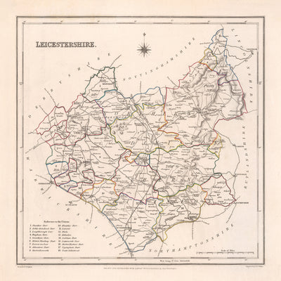 Ancienne carte du Leicestershire par Samuel Lewis, 1844 : Leicester, Melton Mowbray, Loughborough, Hinckley, Ashby-de-la-Zouch