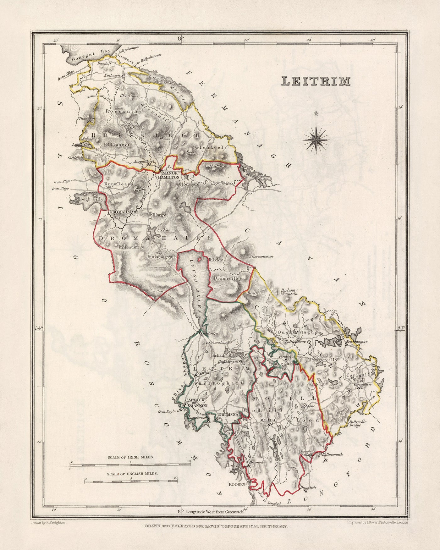 Ancienne carte du comté de Leitrim par Samuel Lewis, 1844 : Carrick-on-Shannon, Manorhamilton, Drumshanbo, Dromahair, Lough Allen