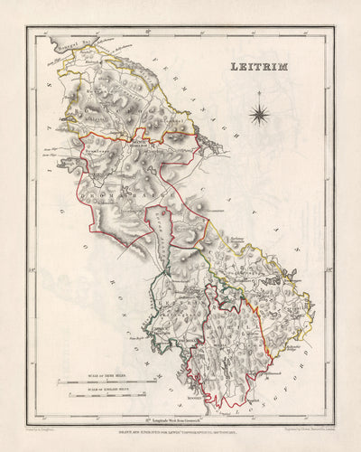 Mapa antiguo del condado de Leitrim por Samuel Lewis, 1844: Carrick-on-Shannon, Manorhamilton, Drumshanbo, Dromahair, Lough Allen