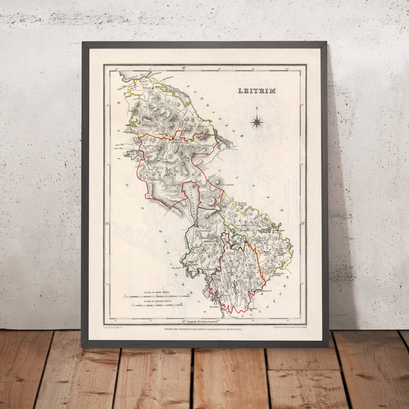 Alte Karte der Grafschaft Leitrim von Samuel Lewis, 1844: Carrick-on-Shannon, Manorhamilton, Drumshanbo, Dromahair, Lough Allen