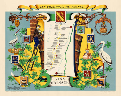 Mapa pictórico antiguo de Alsacia de Hetreau, 1954: Estrasburgo, Colmar, regiones vinícolas, rosa de los vientos, castillo