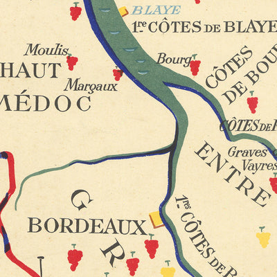 Antiguo mapa pictórico de Burdeos de Hetreau, 1954: Burdeos, Saint-Émilion, Pomerol, Médoc, Garona