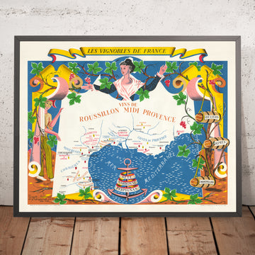 Mappa del Vino Antico di Roussillon e Provenza di Hetreau, 1954: Marsiglia, Nizza, Montpellier, Nîmes, Tolone 