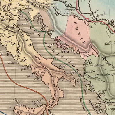 Alte Karte der Kreuzzüge in Europa und dem Nahen Osten von Andriveau-Goujon, 1838: Routen, Antiochia, Jerusalem, Konstantinopel, Heiliges Land.