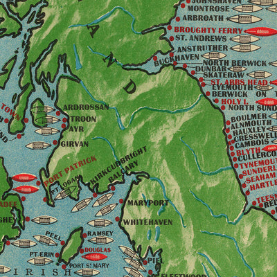 Antiguo mapa temático de estaciones de botes salvavidas, 1935: Islas Británicas, operaciones RNLI