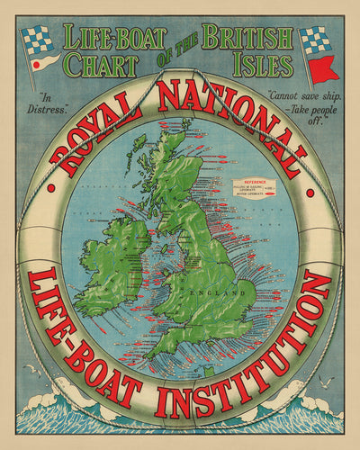 Antiguo mapa temático de estaciones de botes salvavidas, 1935: Islas Británicas, operaciones RNLI