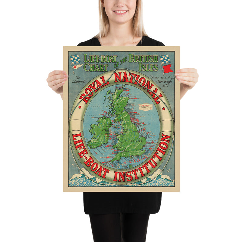 Ancienne carte thématique des stations de sauvetage, 1935 : îles britanniques, opérations RNLI