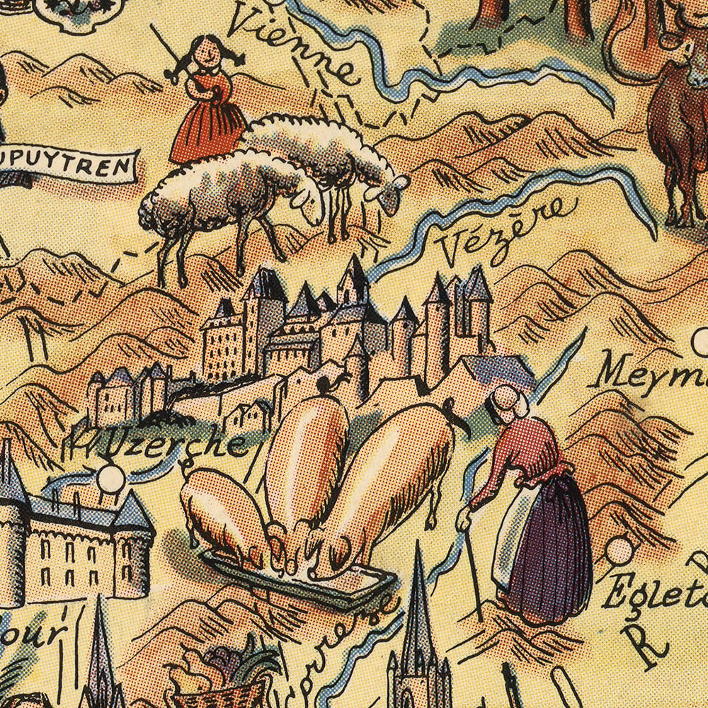 Old Pictorial Map of Limousin & Marche by Liozu, 1951: Limoges, Brive-la-Gaillarde, Tulle, Oradour-sur-Glane, Château de Val