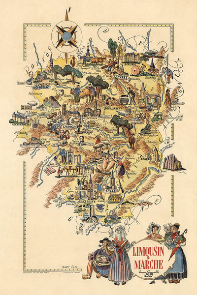 Old Pictorial Map of Limousin & Marche by Liozu, 1951: Limoges, Brive-la-Gaillarde, Tulle, Oradour-sur-Glane, Château de Val