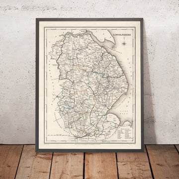 Ancienne carte du Lincolnshire par Samuel Lewis, 1844 : Boston, Grimsby, Spalding, Stamford, Louth