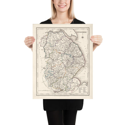 Alte Karte von Lincolnshire von Samuel Lewis, 1844: Boston, Grimsby, Spalding, Stamford, Louth 