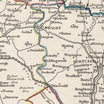 Alte Karte von Lincolnshire von Samuel Lewis, 1844: Boston, Grimsby, Spalding, Stamford, Louth 