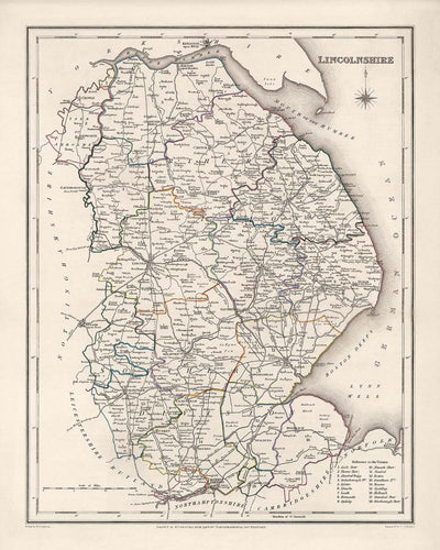 Alte Karte von Lincolnshire von Samuel Lewis, 1844: Boston, Grimsby, Spalding, Stamford, Louth 