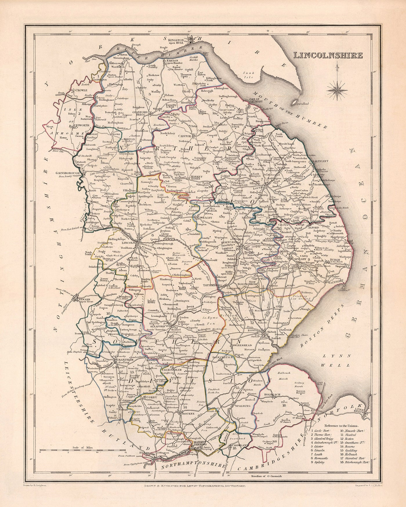 Alte Karte von Lincolnshire von Samuel Lewis, 1844: Boston, Grimsby, Spalding, Stamford, Louth