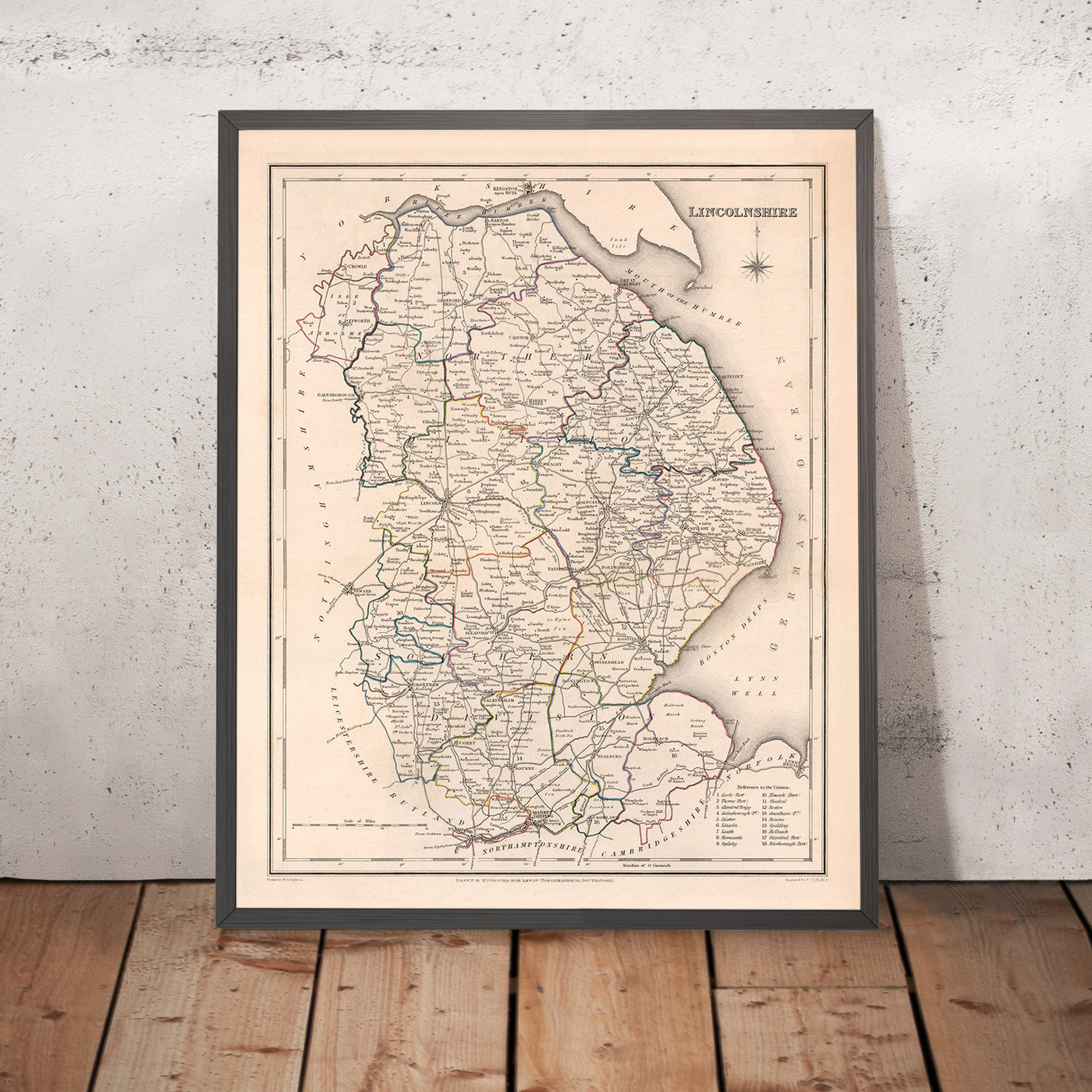 Ancienne carte du Lincolnshire par Samuel Lewis, 1844 : Boston, Grimsby, Spalding, Stamford, Louth