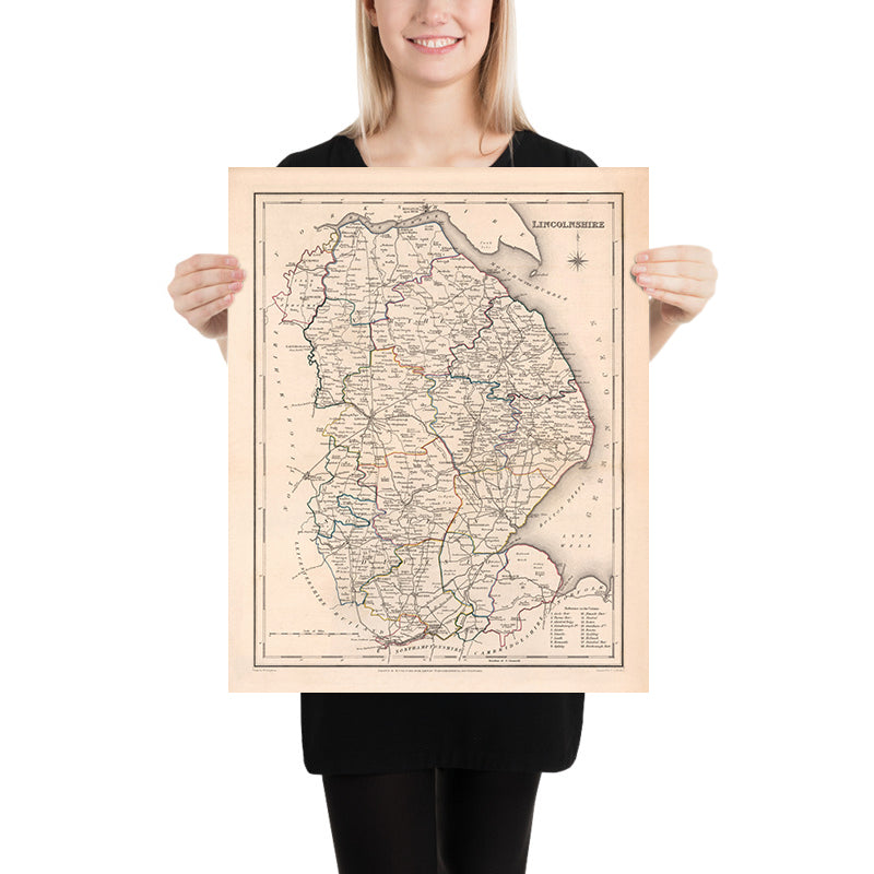 Mapa antiguo de Lincolnshire por Samuel Lewis, 1844: Boston, Grimsby, Spalding, Stamford, Louth