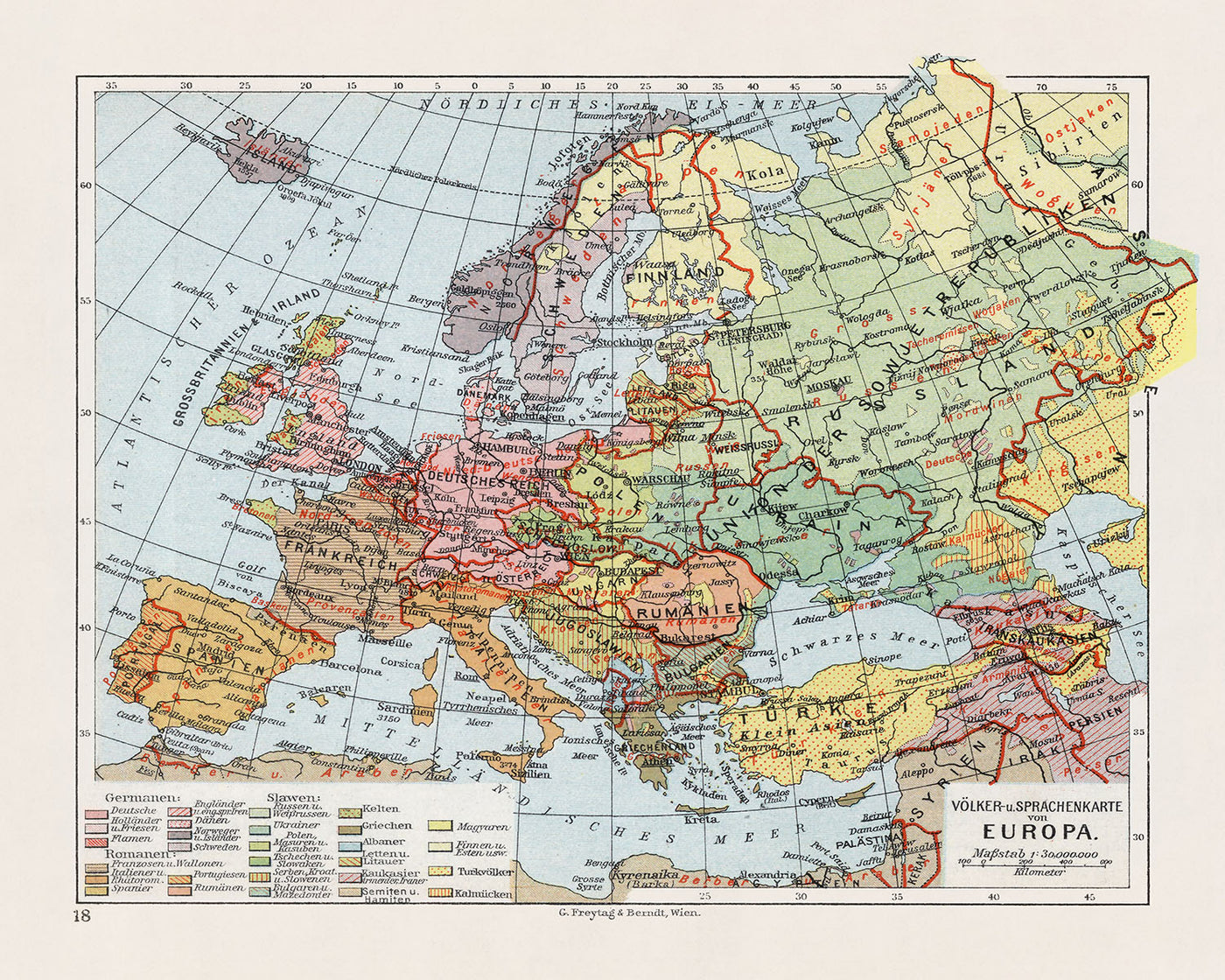 Ancienne carte de la diversité linguistique de l'Europe par Hickman, 1927 : langues, démographie, ethnographie