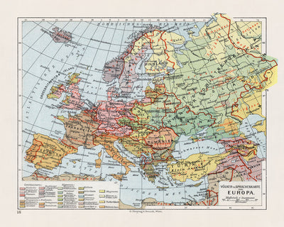 Antiguo mapa de la diversidad lingüística de Europa por Hickman, 1927: idiomas, demografía, etnografía