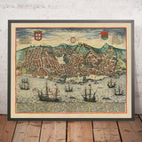 Alter Vogelperspektivkarte von Lissabon von Braun, 1596: Castelo de São Jorge, Catedral Se, Baixa, Bairro Alto, Tejo 