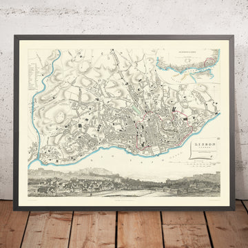 Mappa antica di Lisbona di SDUK, 1870: Alfama, Bairro Alto, Castello di S. Jorge, Basilica di Estrella, Fiume Tago 